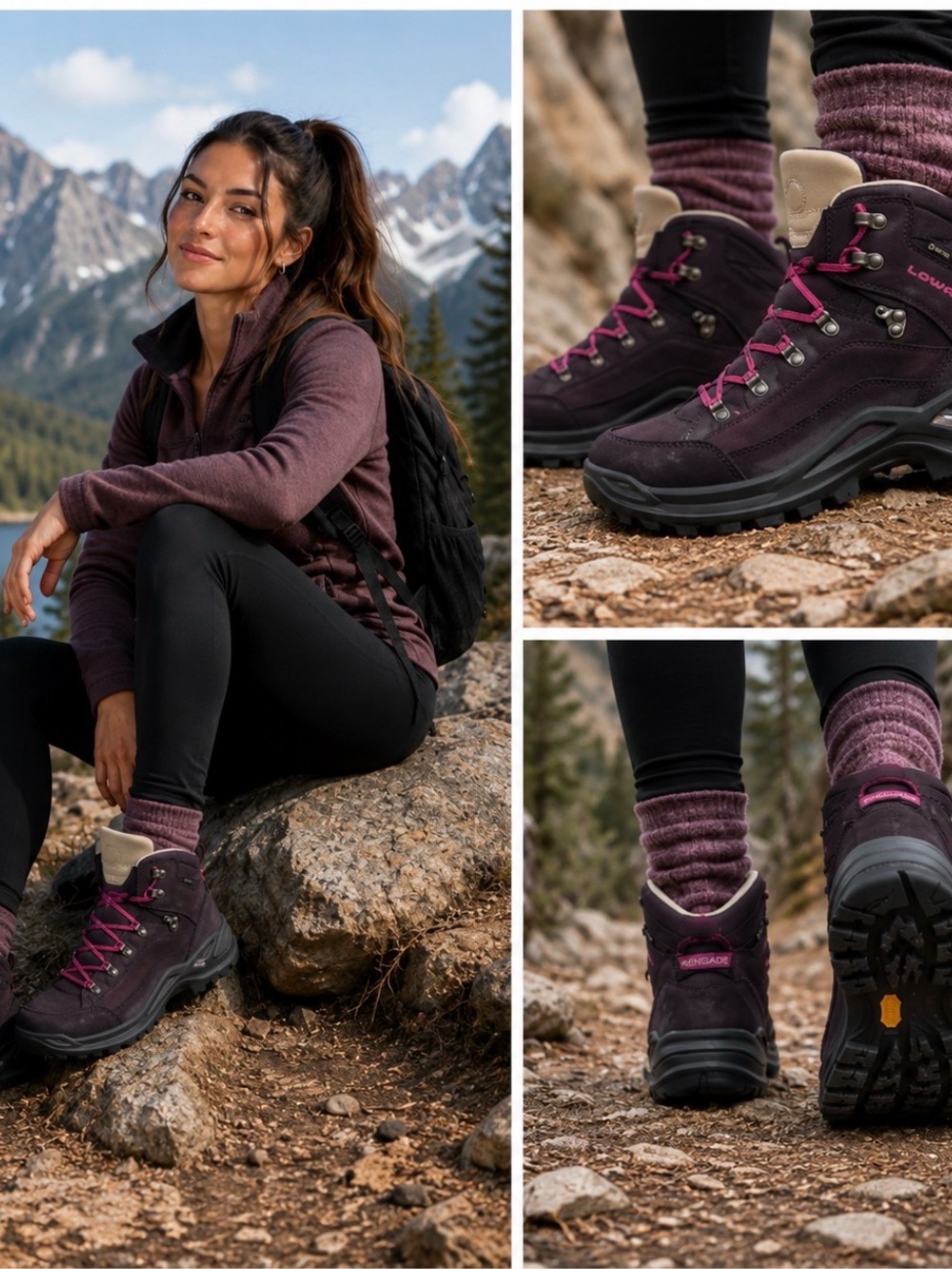 Women's Lace-Up Hiking Boots in Deep Purple with Pink Accents